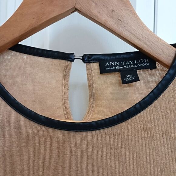 Ann Taylor Merino Wool Sweater with Faux Leather Black Trim in Camel - Picture 3 of 11